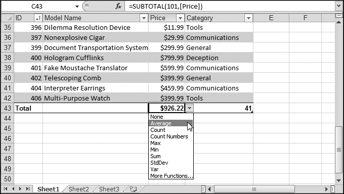 The Total row lets you perform common calculations with a single mouse click. In this example, the Total row displays the average price of the records that match the filter condition.