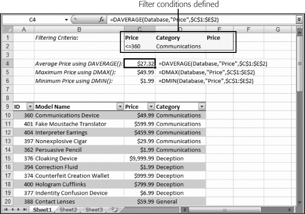 In this example, you could use cell E2 to add another condition specifying a minimum price. However, because this cell is currently blank, Excel doesn't apply a price filter. Instead, it filters by matching a category and setting a maximum price.