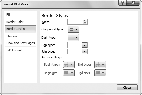 Using the Border Styles section, you can set a width (the thickness of the line), choose a fancy double or triple-edged border (from the "Compound type" list), choose between solid and different types of dotted or dashed lines (from the "Dash type" list), and even set what the line corners look like (the "Join type") and what the line ends look like (the "Cap type"). The "Cap type" doesn't have an effect on borders unless you're using dashed lines, because that's the only situation where the line is broken, and so has visible ends.