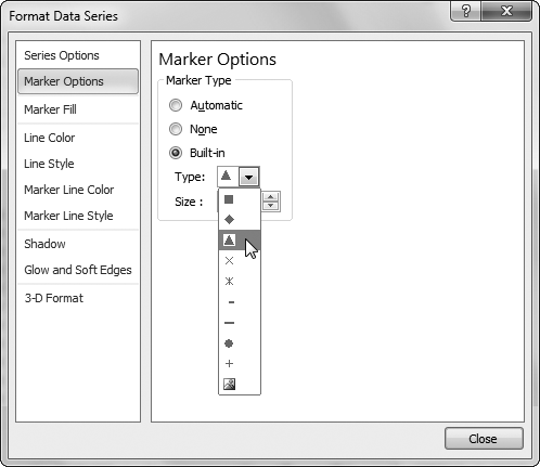 It rarely makes sense to format an individual data point in a line or scatter chart. Instead, you'll usually format the whole series so that different lines stand out from one another. If you have more than two or three lines, you may need to get creative with different line styles and marker shapes to make sure that you really can tell them apart at a glance.