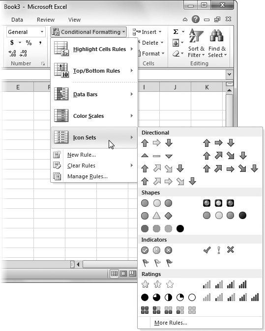 Excel has several useful icon sets. Popular choices are red-yellow-green shapes, arrows pointing in different directions, Xs and checkmarks, moon phases, and partly filled circles.