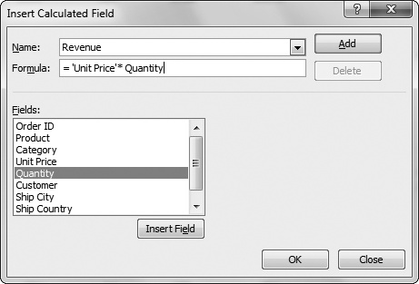 Here, Excel creates a new field named Revenue to calculate how much money is being made on any given order. To arrive at the total revenue, the Unit Price field is multiplied by the Quantity field.