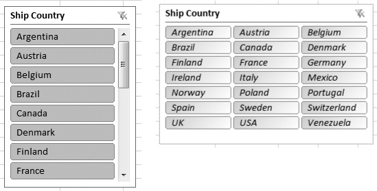 On the left is the Ship Country slicer as it first appears. On the right is the revamped version that uses three columns, smaller buttons, and slightly different styling.