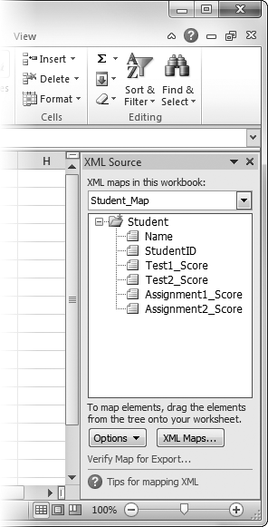 Nothing's happened yet, but the XML Source pane shows a tree diagram with the structure of the Student.xml file. It's now up to you to start the linking process.