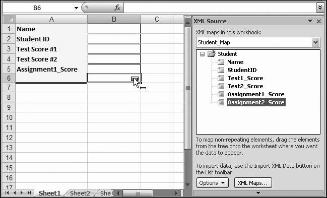 To map the <Assignment2_Score> element to cell B6, begin by dragging the element to cell B5, creating the link.