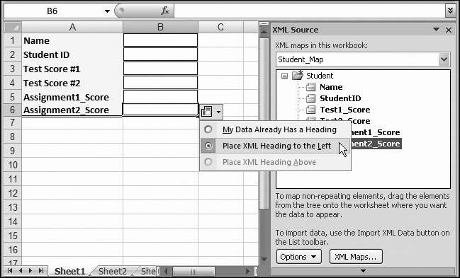 Once you link an element, a smart tag appears. You can use this tag to quickly insert a caption for the linked data. This step is optional, because you can add your own labels. However, using the smart tag helps you quickly create the basic structure of your mapped worksheet. In this case, you still need to do some cleanup to make the XML element names more attractive; you might want to replace Assignment1_Score with Assignment Score #1.