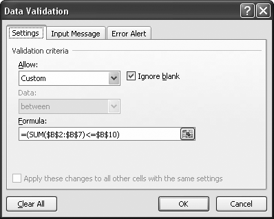 Here, a custom data validation rule polices the total value of a group of cells. Figure 24-9 shows the result.