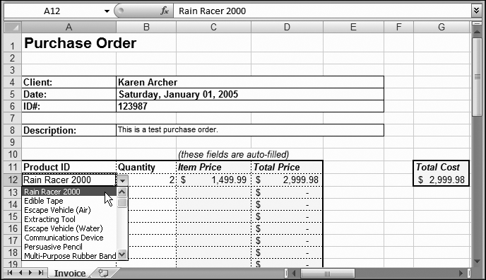 This worksheet uses list validation. This approach's advantage is that people using the spreadsheet don't need to remember the name or ID of each product. Instead, there's always a complete list of possible choices available at their fingertips. The list you use must be in the same worksheet (as in this example) or it must be a named ranged (see page 371). Here, the entire product catalog is off to the side of the current worksheet. Figure 24-11 shows the data validation settings that make it work.