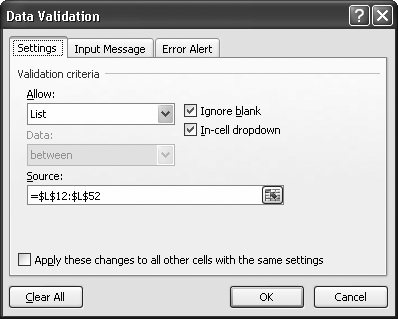 The list validation settings in this dialog box tell Excel to generate a list of product choices drawn from the range of cells indicated in the Source box. See Figure 24-10 for what this looks like on the spreadsheet.