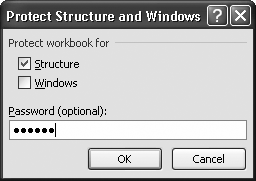 The Protect Structure and Windows dialog box looks a little like the Protect Worksheet dialog box, but it provides fewer options. You still have the same chance to lock out miscreants by using passwords, however.