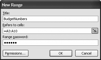 The New Range dialog box lets you supply three key pieces of information for your range—the title, cell references, and password.