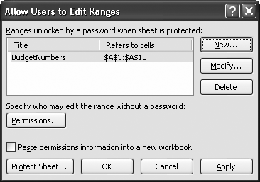 The workbook associated with this dialog box has a single protected range. Using this dialog box, you can modify a range (click Modify), or remove it (click Delete). You can also add Windows permission settings (discussed in the next section).