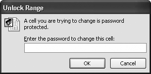 A nice feature about protected cell ranges is that the person using the workbook doesn't need to explicitly turn off the protection. Instead, when someone starts typing in one of the cells in the protected range, Excel pops up a dialog box asking for the password, as shown here. Fill it in, and you're ready to go.