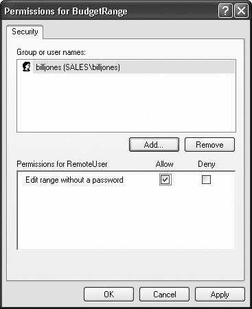 When you add a new user to the list, that user automatically gets a checkmark in the Allow column, which indicates that he's allowed to edit the range without a password. You can also use the Deny column to explicitly lock out specific users, but that approach rarely makes sense, because it introduces too many potential security holes.