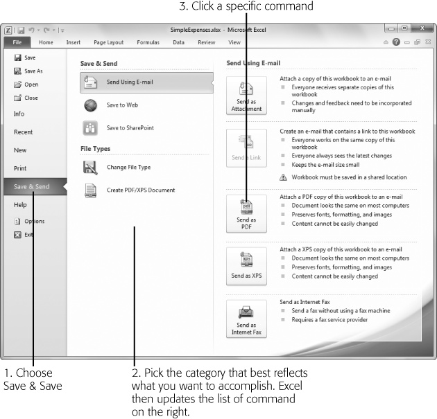 Excel's backstage view gives you several ways to distribute your document, including by email, Web, and SharePoint. Start by choosing one of the options in the middle portion of the window, and finish by clicking a related button on the right. For example, if you choose Send Using E-mail in the middle, you'll see the options for attaching your workbook in its original glory or PDF, as shown here.