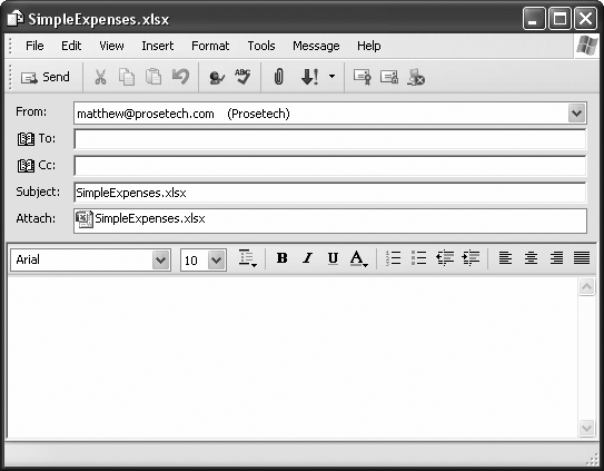 The Excel workbook file SimpleExpenses.xlsx is attached to this message. Fill in a recipient, subject, and message, and then click Send. Or, you can close the message window to cancel the message.