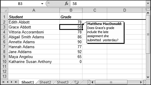 This worksheet includes a single comment attached to cell B3. You can clearly see the arrow that connects the floating comment box to cell B3. Additionally, a tiny red triangle in the top-right corner of the cell indicates it has an attached comment.