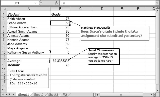 Formatting helps you tweak all or a portion of your comment text. You can use it to highlight in boldface a piece of important information in a comment (like the student ID in Rita's comment or the percentage in Janet's comment). Or, it can help distinguish the comments from different reviewers.