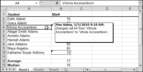 Cells A4 and B10 have the telltale blue triangles indicating they've been changed. To examine a change, simply position your mouse pointer over the correct cell. Using this technique, you can see the name in cell A4 was modified by removing an extra "t" in the word "Vittoria."