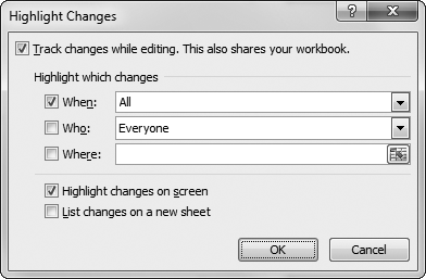 The Highlight Changes dialog box lets you switch change tracking on or off with the "Track changes while editing" checkbox. You can also configure what changes Excel highlights (with blue triangles and pop-up boxes) by using the When, Who, and Where lists.