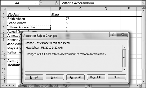 Excel has found a change made to cell A4. The Accept or Reject Changes dialog box lets you choose to accept this correction—in this case, a minor correction of a misspelled name—or reject it and move on.