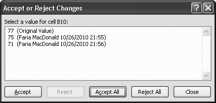 Occasionally, you may find that more than one unconfirmed change has been made to the same cell. In this situation, Excel adds them all to the change log, and uses the most recent value in your worksheet. When you accept and reject changes, Excel shows a dialog box that shows all the changes, ordered from oldest to most recent. You must choose which change in the list "wins."