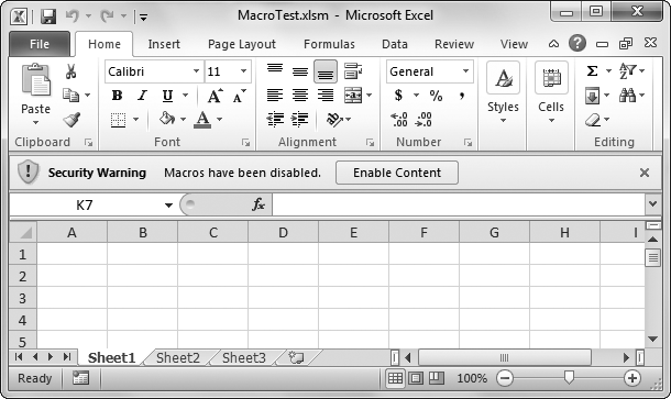 The message bar informs you when Excel switches off your macros. To let macros run, just click the Enable Content button. Or, if you don't mind leaving your macros switched off for now, you can ignore the message bar or click the X on the right side to hide it. (You can always turn your macros back on later using the trust center, as described on page 806.)