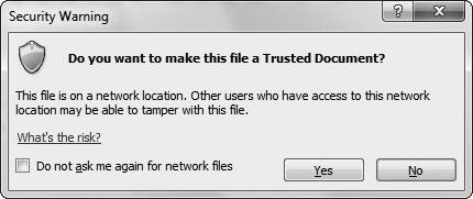 Network documents represent a different type of risk. Because they aren't stored on your computer, it's possible that someone else might modify the file after you decide to trust it. If you're worried about this scenario, click No to turn on the macros but refrain from designating the file as a trusted document. If you're not so paranoid, and you're opening the file from a personal or company network, you're probably safe to click Yes.