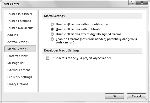 The Trust Center window is divided into several sections. (You move from one section to another using the list box on the left.) The Macro Settings section lets you decide how Excel reacts to macros. You can choose to turn macros on or off, and you can choose whether Excel should notify you when it turns something off.