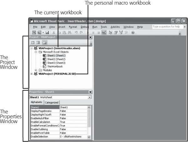 The Visual Basic editor window is divided into three main regions: the Project window, the Properties window, and the Document window. The Document window is where your code appears (it starts off blank). The Project window lists all your projects (two are shown here: InsertHeader.xlsm and the personal macro workbook). The Properties window shows individual settings you can change for the currently selected project.