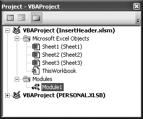 This window has two VBA projects. The first, InsertHeader.xlsm, is an Excel workbook file with three worksheets and one module for macro code. The last, PERSONAL.XLSB, is the personal macro workbook, which may also contain worksheets and macro modules (although that branch of the tree is collapsed, so these objects aren't shown).