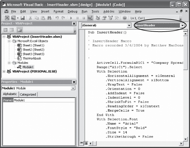 In this example, the Visual Basic editor shows a portion of the code for the InsertHeader macro. If you scrolled down through the window, you'd see additional macros in separate modules if this workbook contained any. Between each subroutine is a solid line (not shown). You can also jump directly to the subroutine that interests you by selecting the subroutine's name from the list box in the top-right corner of the code window (circled).