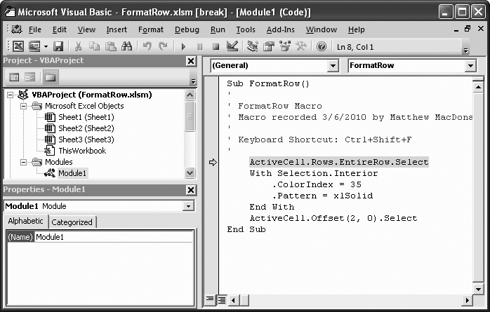 When you press F8, Excel runs the line that's highlighted in yellow and marked with an arrow. Then it moves to the next statement and pauses again.