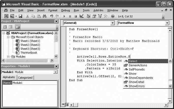 When you press the period key, a Visual Basic feature called IntelliSense shows you the available properties and methods for the current object. Properties are represented with a hand and page icon, while methods are shown with what appears to be a flying green eraser.