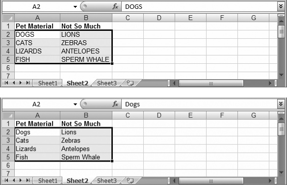 Loops are one of the handiest tools for fixing up large tables in a hurry. Here, a table crammed with text that's in all capitals (top) is transformed into something much more palatable (bottom). The best part? You need to select the cells and run the FixTextInAllCells macro only once.