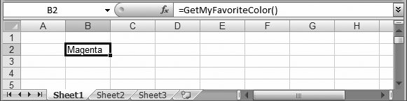 In this example, the custom function is named GetMyFavoriteColor(). To use this homemade function in your worksheet, just create a formula that uses the function, like =GetMyFavoriteColor().