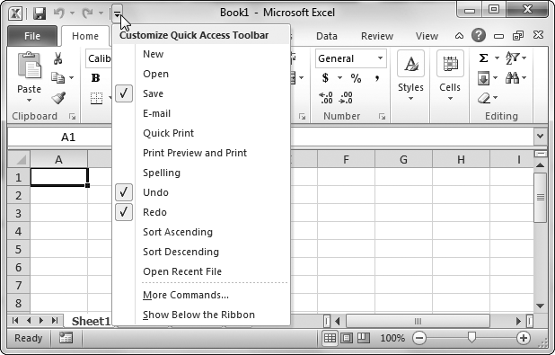 When you click the drop-down arrow on the Quick Access toolbar, Excel shows a list of often-used commands that you can add just by clicking them. These commands include some for creating a new workbook, opening an existing workbook, sending it to the printer with no questions asked, and firing up the spell checker. But to see all your possibilities (or to rearrange the commands you've added), you need to choose More Commands.