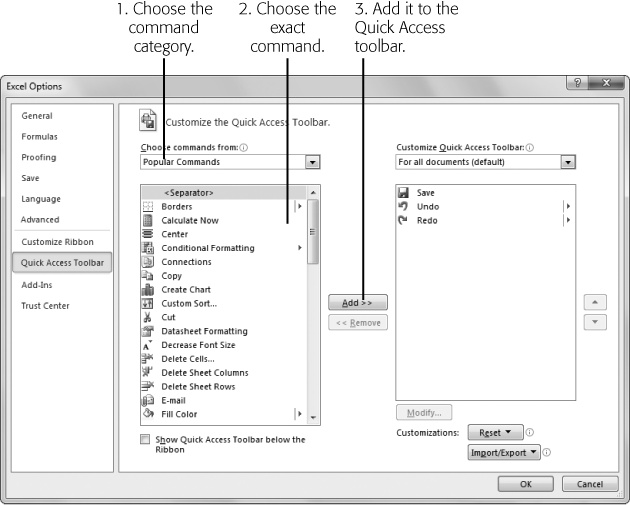 The Quick Access Toolbar section of the Excel Options window has two areas. The list on the left lets you choose the command you want to add. The list on the right shows the commands that currently appear in the Quick Access toolbar.