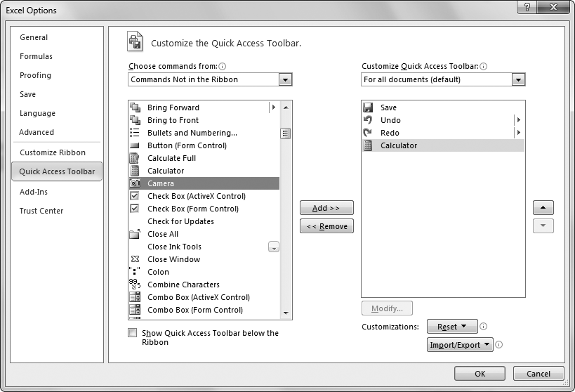 In this example, the Calculator command is being added to the Quick Access toolbar, so you can pop open the handy Windows calculator whenever you need it, without leaving Excel.