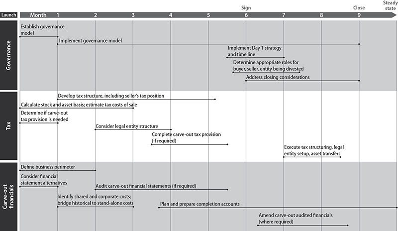 Table shows carve-out financials, tax, and governance for months 1 to 9 such as define business perimeter, calculate stock and asset basis; estimate tax costs of sale, establish governance model, and so on.