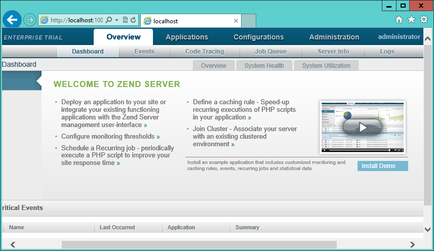 The Zend Server administration screen