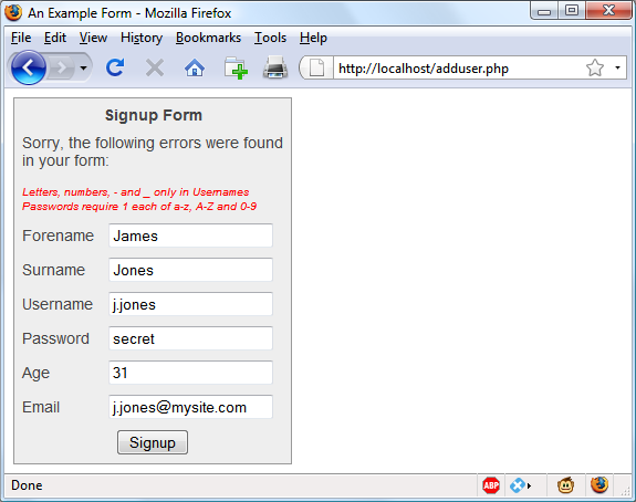 The form as represented after PHP validation fails