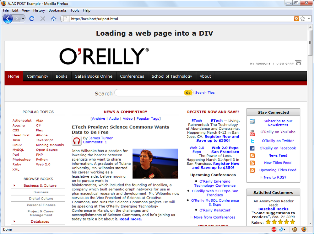 The oreilly.com front page loaded into a <div>