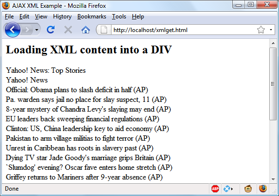 Fetching a Yahoo! XML news feed via Ajax