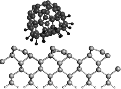 Figure depicting the ball and stick model of C60F18 molecule adsorbed on a Si(100)-2 × 1 surface. The surface modeled by a slab of six layers with H terminating the dangling bonds on one side.