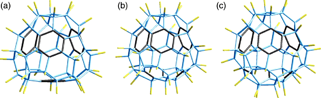 Figure depicting the structure of C60F18 isomers with T (a), C3 (b), and C1 (c) symmetry; the benzenoid rings and double bonds are highlighted.