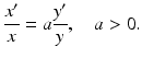 
 $$ \frac{x^{\prime }}{x}=a\frac{y^{\prime }}{y},\quad a>0. $$
