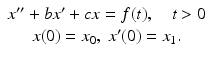 
 $$\begin{array}{c} x^{\prime \prime }+bx^{\prime }+cx =f(t),\quad t>0 \\ x(0) =x_{0},\; x^{\prime }(0)=x_{1}. \end{array}$$
