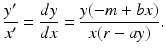 
 $$ \frac{y^{\prime }}{x^{\prime }}=\frac{dy}{dx}=\frac{y(-m+bx)}{x(r-ay)}. $$
