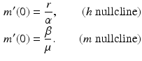 
 $$\begin{aligned} m^{\prime }(0) &=\frac{r}{\alpha },\qquad (h\text{ nullcline)} \\ m^{\prime }(0) &=\frac{\beta }{\mu }.\qquad (m\text{ nullcline)} \end{aligned}$$
